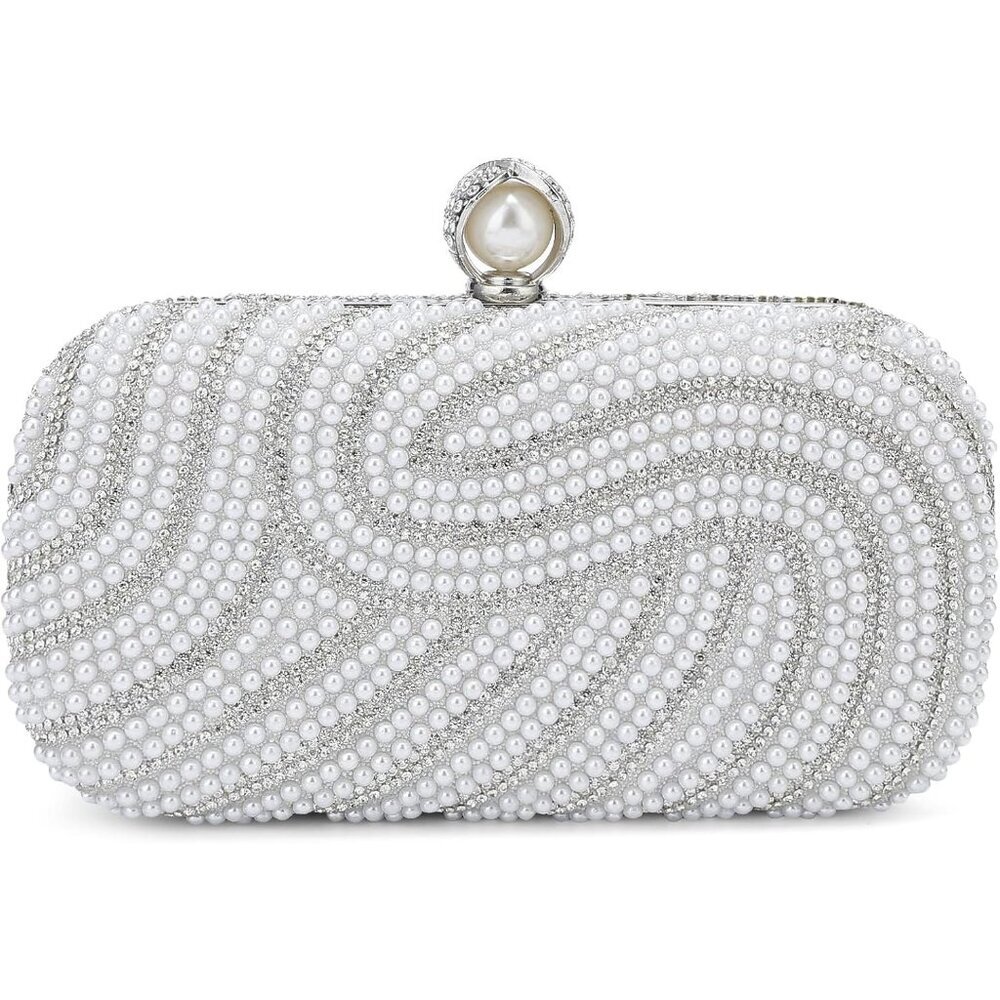 White Pearl Beaded Clutch Purse for Women, Wedding, Party, Night Out